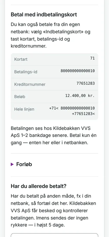 Indbetalingskortet på debitorens side: kortart, betalings-id og kreditornummer.