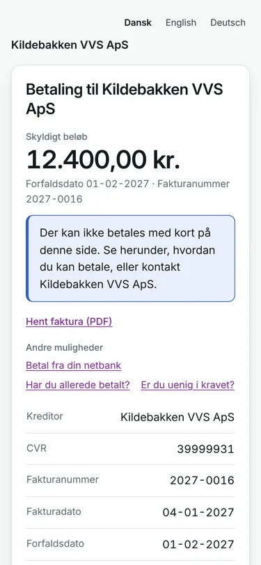 Debitorens side på mobilen med beløb, faktura og betalingsmåder.