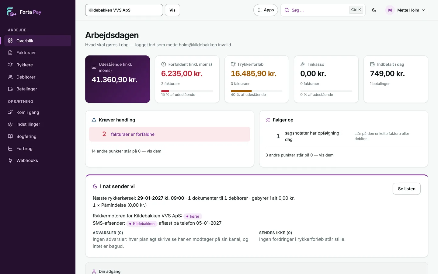 Kreditorens overblik i Forta Pay: udestående, fakturaer i rykkerforløb og dagens indbetalinger. Sandbox med opfundne data.